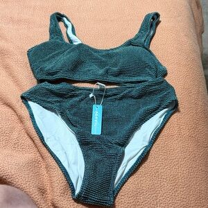 Popvvila Textured High-Waist Bikini Set in Dark Teal